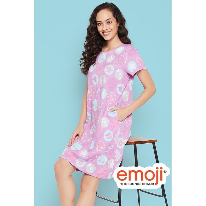 

Clovia Emoji Print Short Night Dress in Lavender - 100% Cotton - NS1209A12