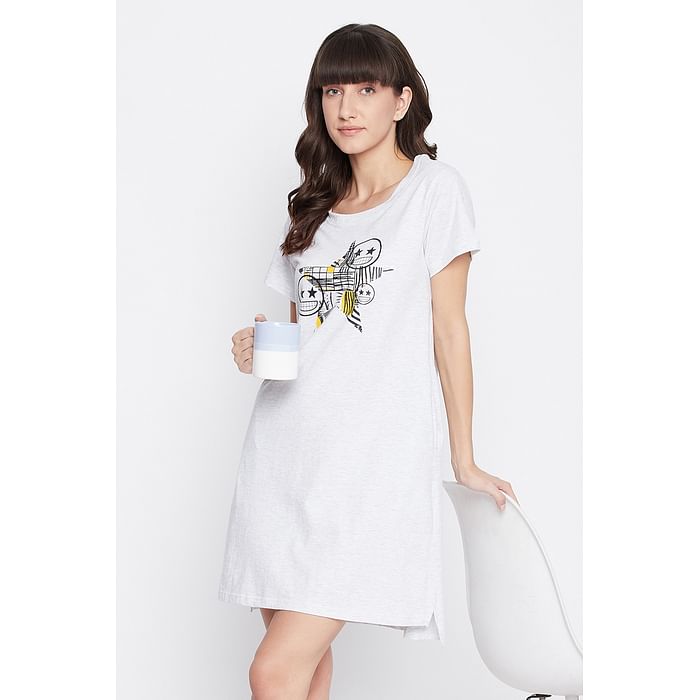 

Clovia Emoji Print Short Night Dress in Light Grey - 100% Cotton - NS1209E01