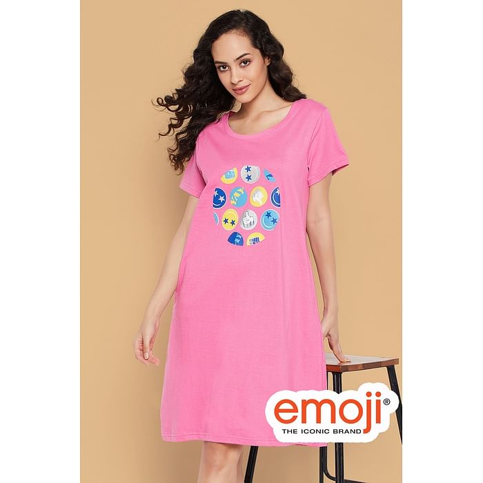 

Clovia Emoji Print Short Night Dress in Light Pink - 100% Cotton - NS1209J22