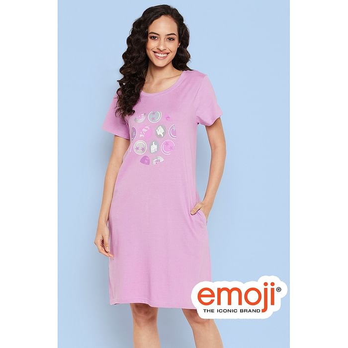 

Clovia Emoji Print Short Night Dress in Lavender - 100% Cotton - NS1209D12