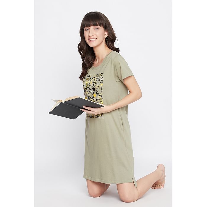 

Clovia Emoji Print Short Night Dress in Olive Green - 100 % Cotton - NS1209P17, Dark green