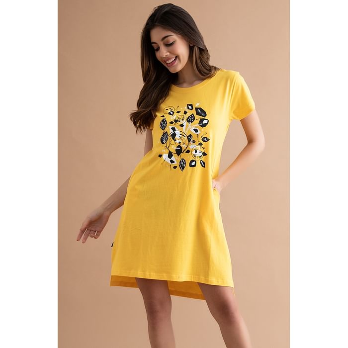 

Clovia Emoji Print Short Night Dress in Yellow - 100% Cotton - NS1209E02, Light yellow