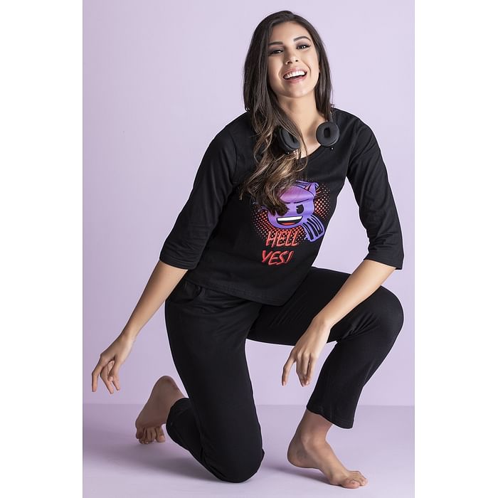 

Clovia Emoji Print Top & Solid Pyjama in Black - 100% Cotton - LS0528A13