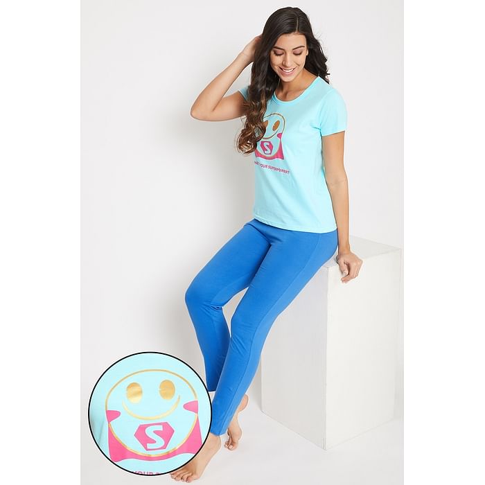 

Clovia Emoji Print Top in Sky Blue & Solid Pyjama in Blue - Cotton Rich - LS0413J03, Light blue
