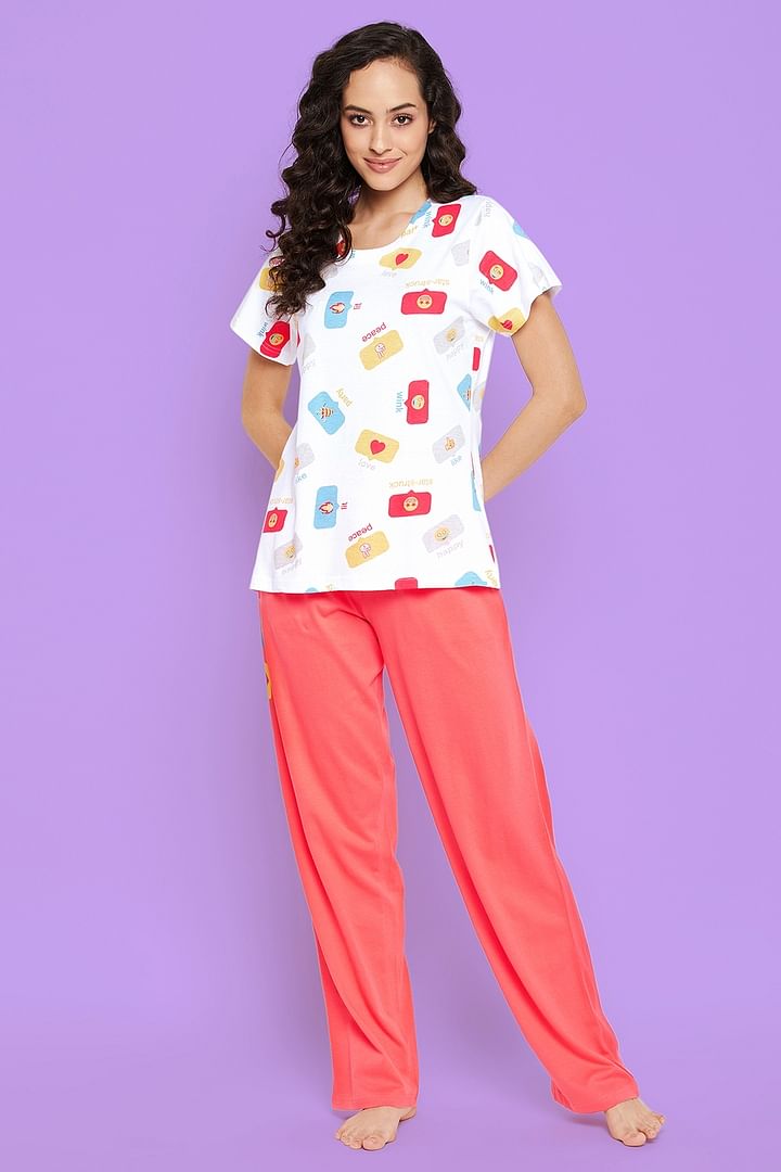 Buy Emoji Print Top in White Chic Basic Pyjama in Peach Colour 100 Cotton Online India Best Prices COD Clovia LS0403D18