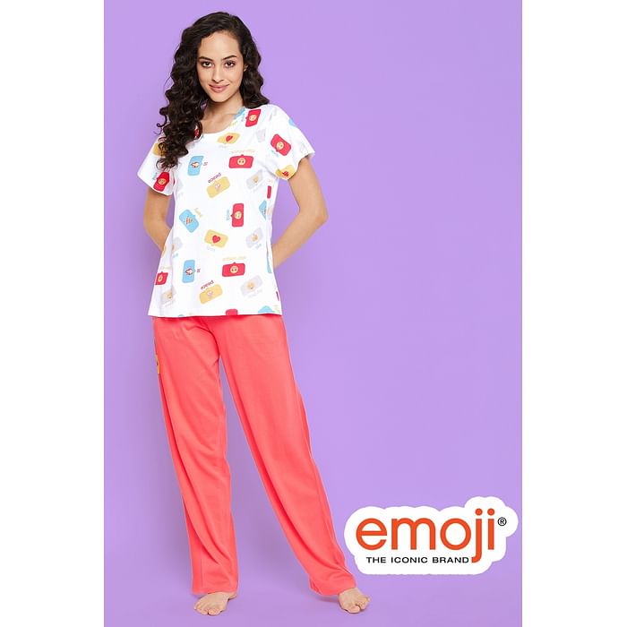 

Clovia Emoji Print Top in White & Chic Basic Pyjama in Peach Colour - 100% Cotton - LS0403D18