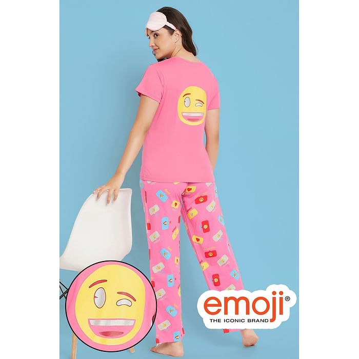 

Clovia Emoji Print Top & Pyjama Set in Rose Pink - 100% Cotton - LS0413O22, Light pink