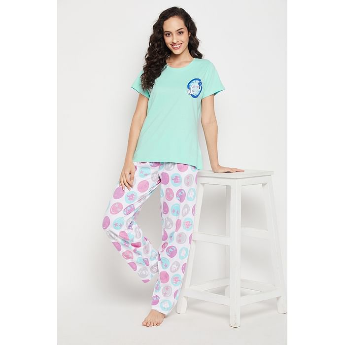 

Clovia Emoji Print Top & Pyjama Set in Mint Green - 100% Cotton - LS0522A11, Light green