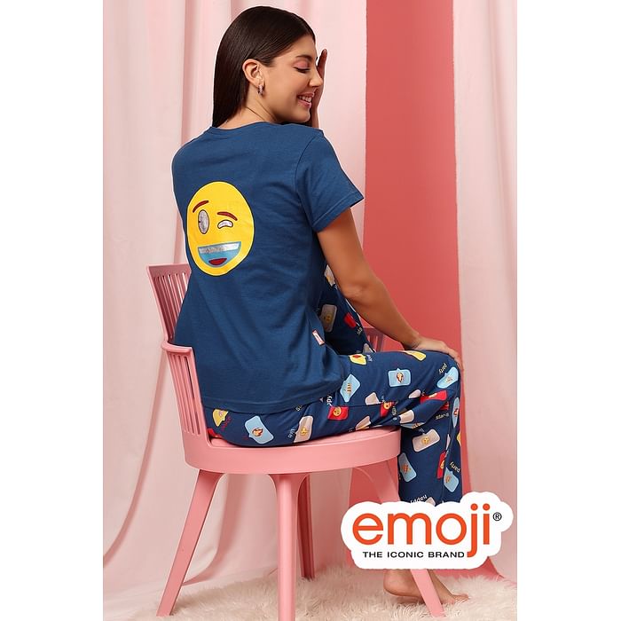 

Clovia Emoji Print Top & Pyjama Set in Navy - 100% Cotton - LS0413J08