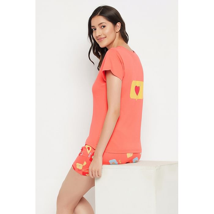 

Clovia Emoji Print Top & Shorts Set in Peach Colour - 100% Cotton - LS0583P34