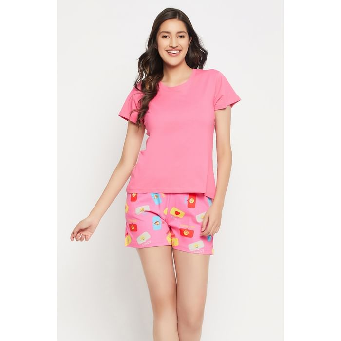 

Clovia Emoji Print Top & Shorts Set in Dark Pink - 100% Cotton - LS0583A22, Light pink
