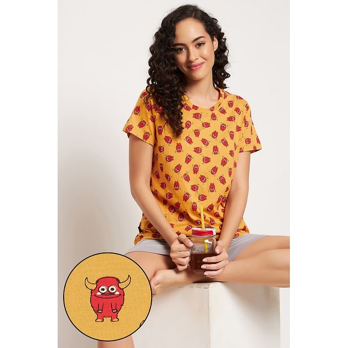 

Clovia Emoji Print Top & Solid Shorts in Mustard & Grey - 100% Cotton - LS0410J07