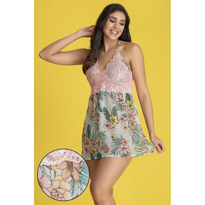 

Clovia Feather Print Babydoll in Peach-Pink - Lace & Georgette - NS1315P34, Teal