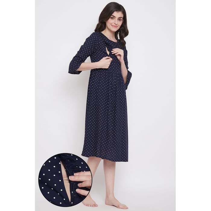 

Clovia Feeding Polka Print Mid Length Night Dress in Navy - Rayon - NS1352P08