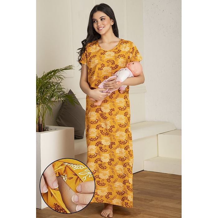

Clovia Feeding Pretty Florals Long Nighty in Mustard - Rayon - NS1349P07