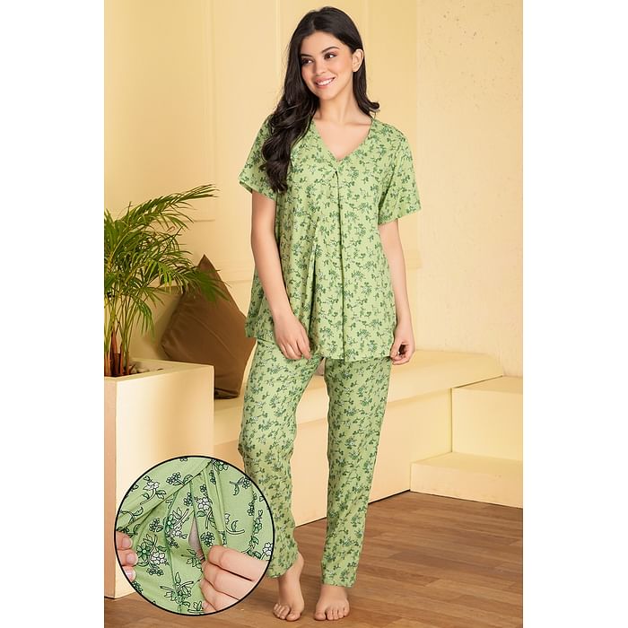 

Clovia Feeding Pretty Florals Top & Pyjama in Mint Green - Rayon - LS0263A11, Light green
