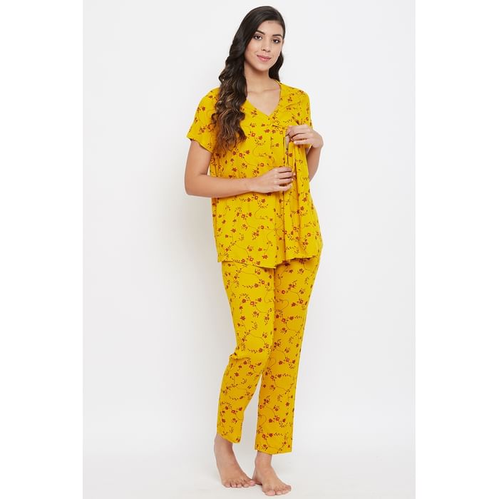 

Clovia Feeding Pretty Florals Top & Pyjama in Yellow - Rayon - LS0263A07, Mustard