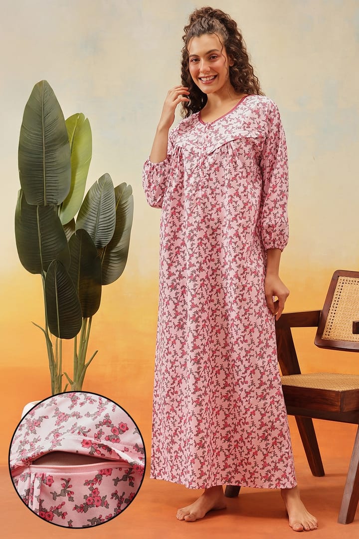 Buy Print Me Pretty Feeding Long Nighty in Light Pink - 100% Cotton Online  - Clovia