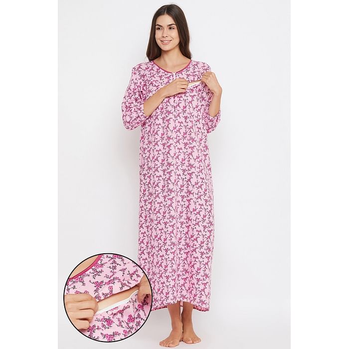 

Clovia Feeding Print Me Pretty Long Nighty in Light Pink - 100% Cotton - NS1333P14