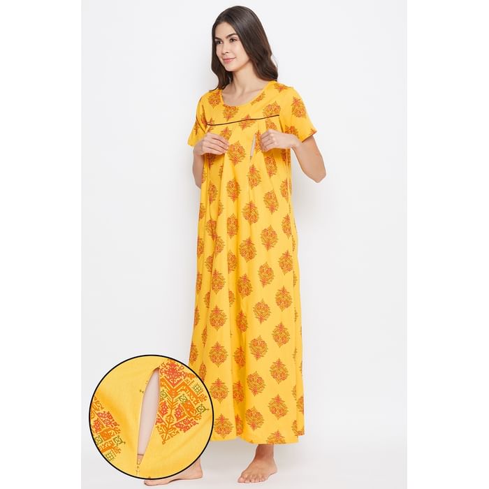 

Clovia Feeding Print Me Pretty Long Nighty in Mustard - Rayon - NS1111P07