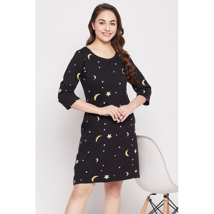 

Clovia Fish Print Short Night Dress in Black - 100% Cotton - NS1489A13