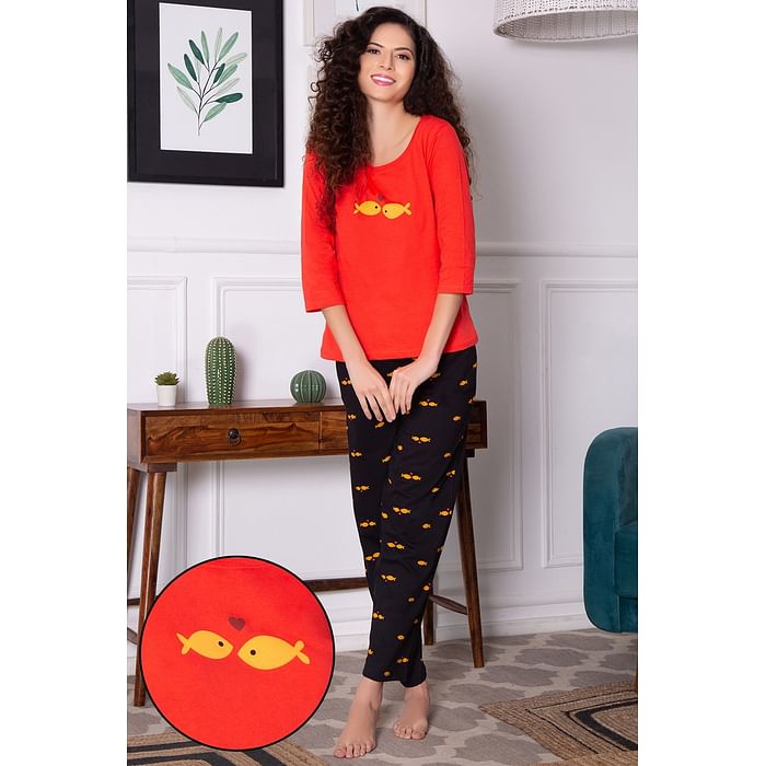 

Clovia Fish Print Top in Red & Pyjama in Black - 100% Cotton - LS0680P04