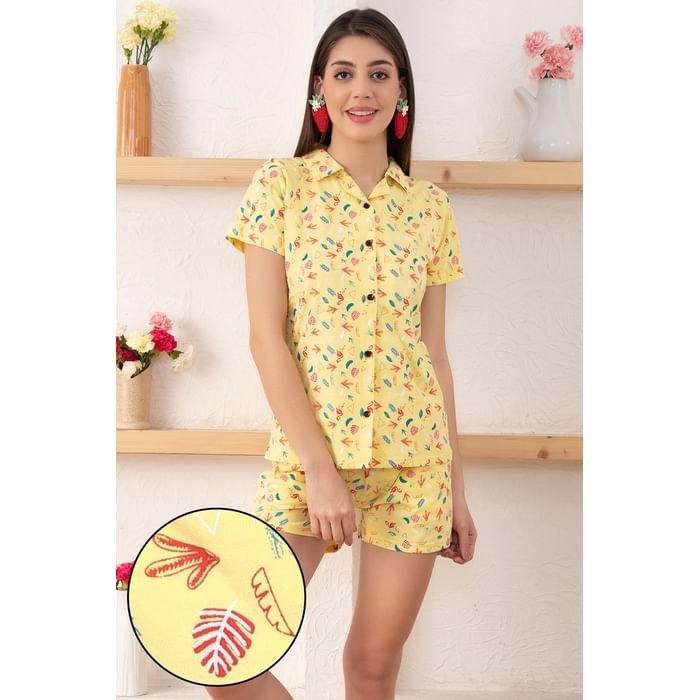 

Clovia Flamingo & Leaf Print Button Me Up Shirt & Short Set in Yellow - 100% Cotton - LS0457A11, Light green