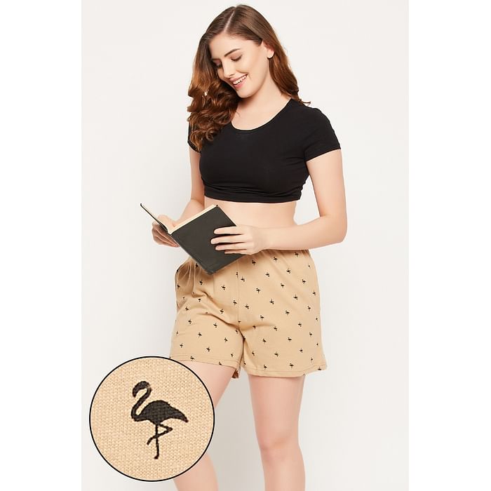 

Clovia Flamingo Print Boxer Shorts in Beige - 100% Cotton - LB0174E24, Nude-colour
