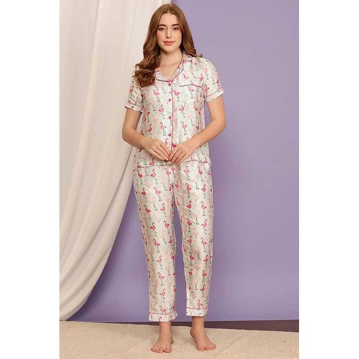 

Clovia Flamingo Print Button Down Shirt & Pyjama Set in White - Satin - LS0385Z18
