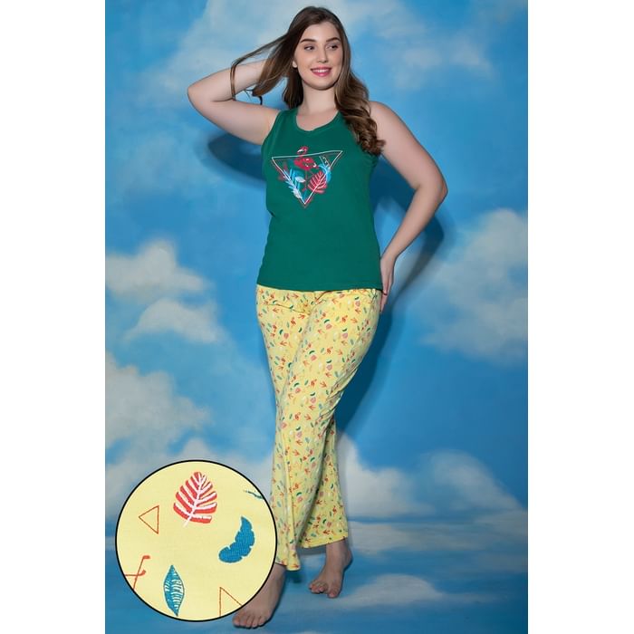 

Clovia Flamingo Print Top & Pyjama Set in Green & Yellow - 100% Cotton - LS0344A11, Light green