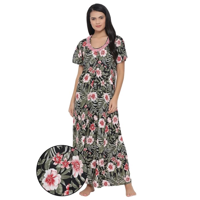 

Clovia Floral & Leaf Print Long Night Dress in Black - Cotton Rich - NS1117R13