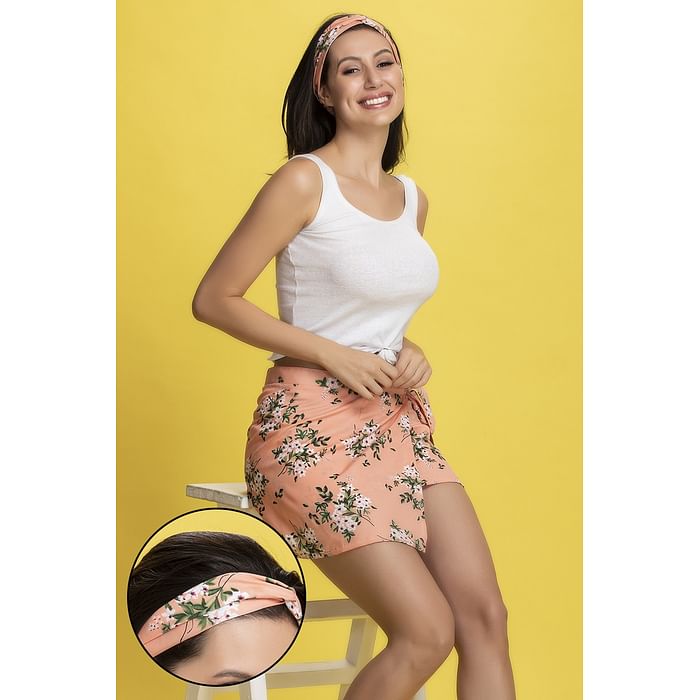 

Clovia Floral Print Beachwear Wrap Skirt in Peach-Colour with Knotted Hairband - Crepe - RW0043P34, Teal