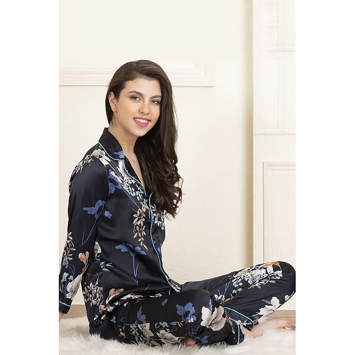 

Clovia Floral Frenzy Button Down Shirt & Pyjama in Blue- Satin - NS0597A08