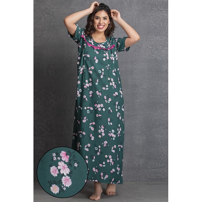 

Clovia Floral Print Long Nighty in Dark Green - Cotton - NS1111R17