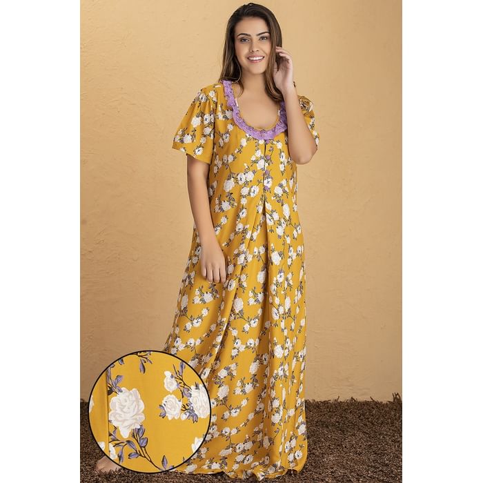 

Clovia Floral Print Long Nighty in Dark Yellow - Cotton Rich - NS1009R07, Mustard