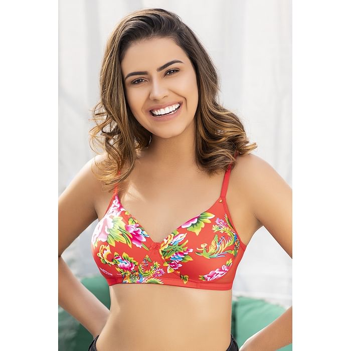 

Clovia Padded Non-Wired Full Coverage Floral Print T-Shirt Bra in Red - BR1737P04