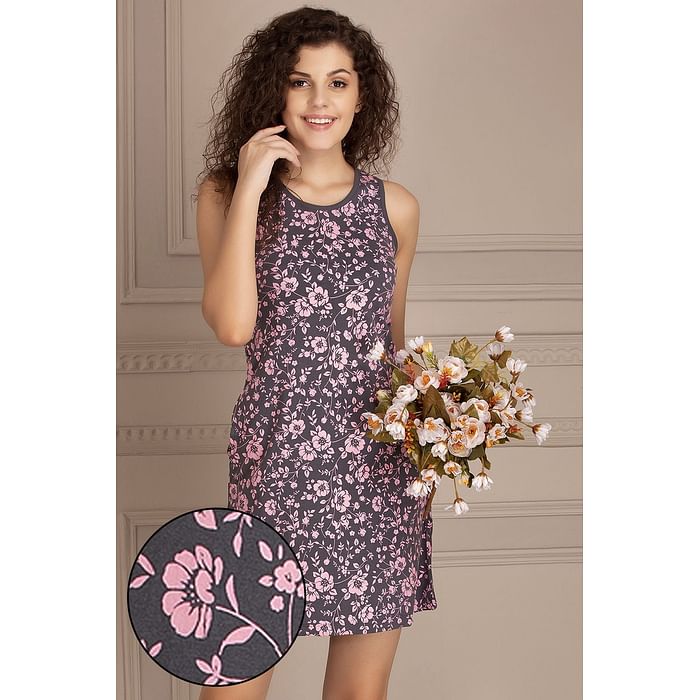 Clovia - Clovia Floral Print Short Night Dress in Grey – Cotton Rich – NS1169P05