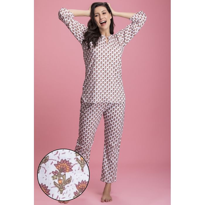 

Clovia Pretty Florals Top & Pyjama in Brown - 100% Cotton - LS0514P06