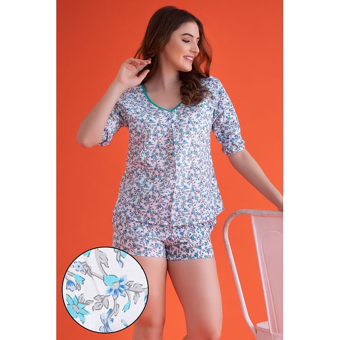 

Clovia Pretty Florals Top & Shorts in White - 100% Cotton - LS0515A18