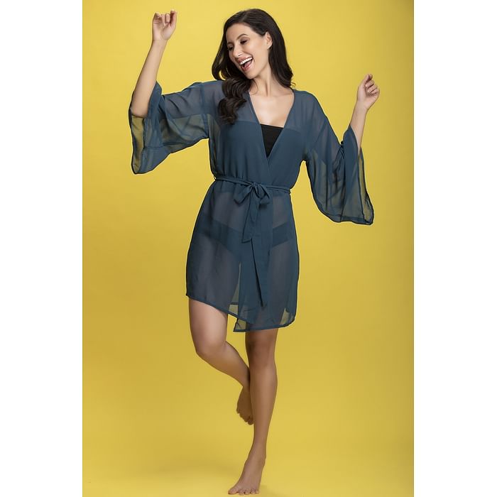 

Clovia Front Open Beach Cover Up in Blue - Georgette - RW0041P08, Navy
