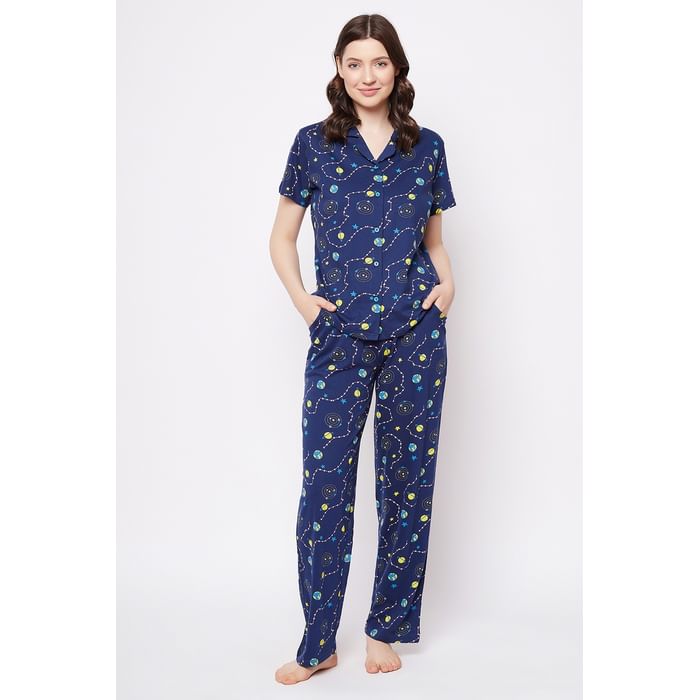 

Clovia Galaxy Print Button Down Shirt & Pyjama Set in Navy - 100% Cotton - LS0025J08