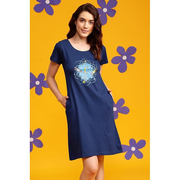 

Clovia Galaxy Print Short Night Dress in Navy - 100% Cotton - NS1209L08