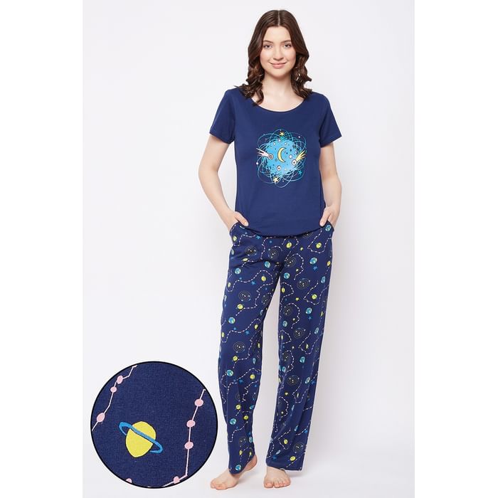 

Clovia Galaxy Print Top & Pyjama Set in Navy - 100% Cotton - LS0413N08