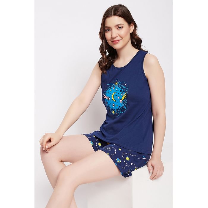 

Clovia Galaxy Print Top & Shorts Set in Navy - 100% Cotton - LS0462D08