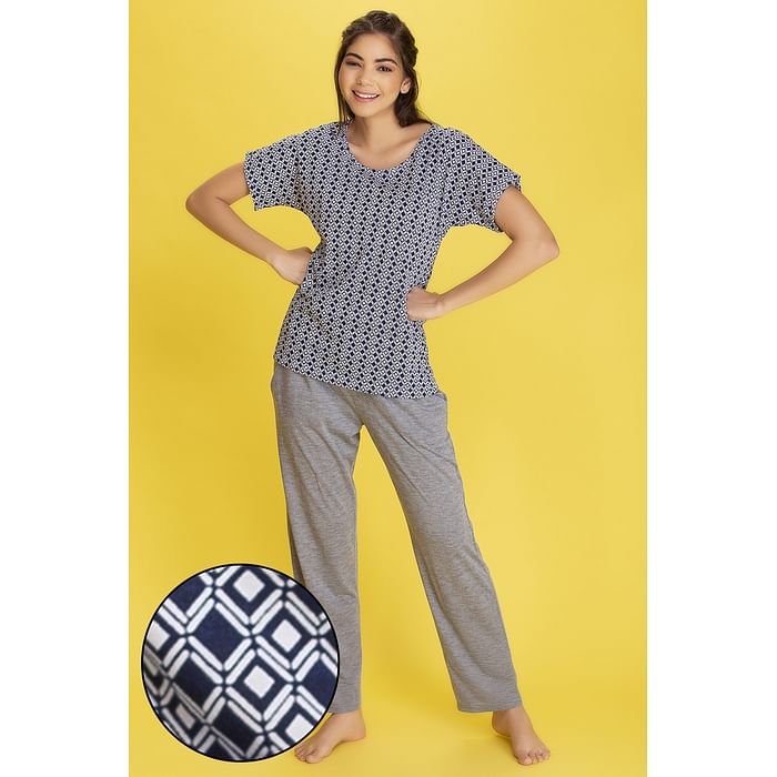 

Clovia Geometric Print Top in Navy & Solid Pyjama in Grey - Cotton Rich - LS0039A08