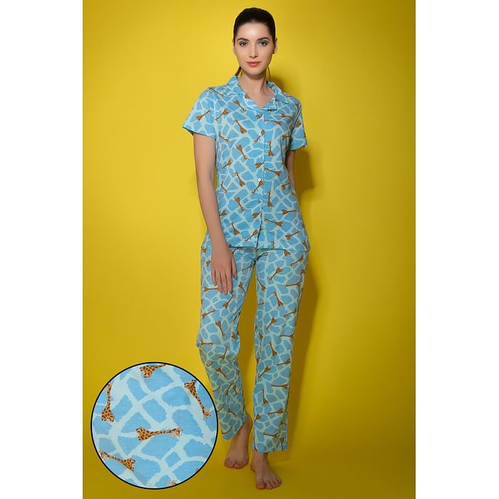 

Clovia Giraffe Print Button Down Shirt & Pyjama Set in Sky Blue - 100% Cotton - LS0025K03, Light blue