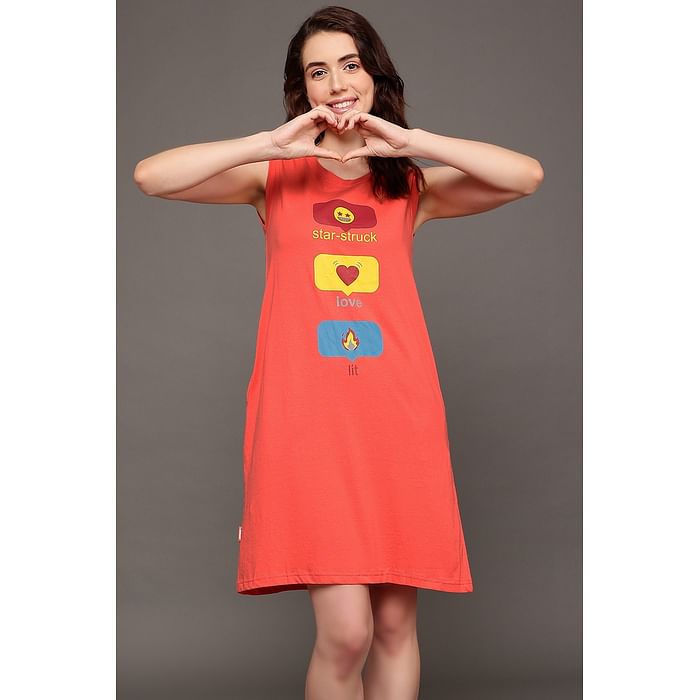 

Clovia Graphic Emoji Print Short Night Dress in Peach Colour - 100% Cotton - NS1169P34