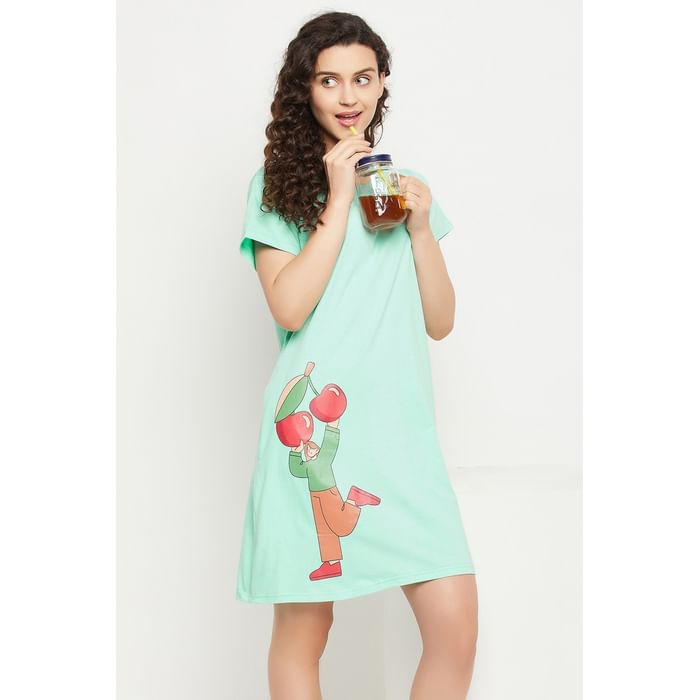 

Clovia Cherry Print Short Night Dress in Mint Green - 100% Cotton - NS1209K11, Light green