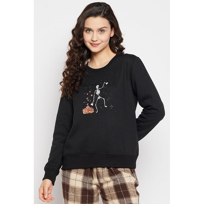 

Clovia Graphic Print Sweatshirt in Black - Fleece - LTW164P13