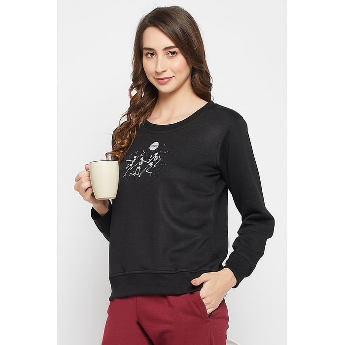 

Clovia Graphic Print Sweatshirt in Black - Fleece - LTW164D13